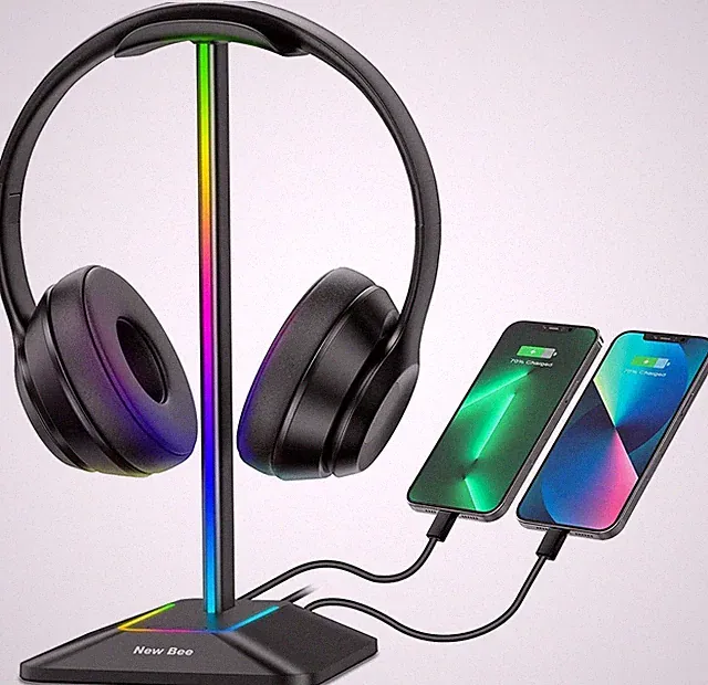 Kopfhörerständer RGB mit USB Typ-C Ladegerät Universal Gaming Halter Schwarz