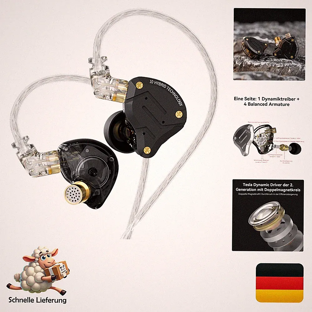 KZ ZS10 Pro In-Ear Monitor 4BA+1DD Audiophile Gaming Kopfhörer Kabelgebunden...