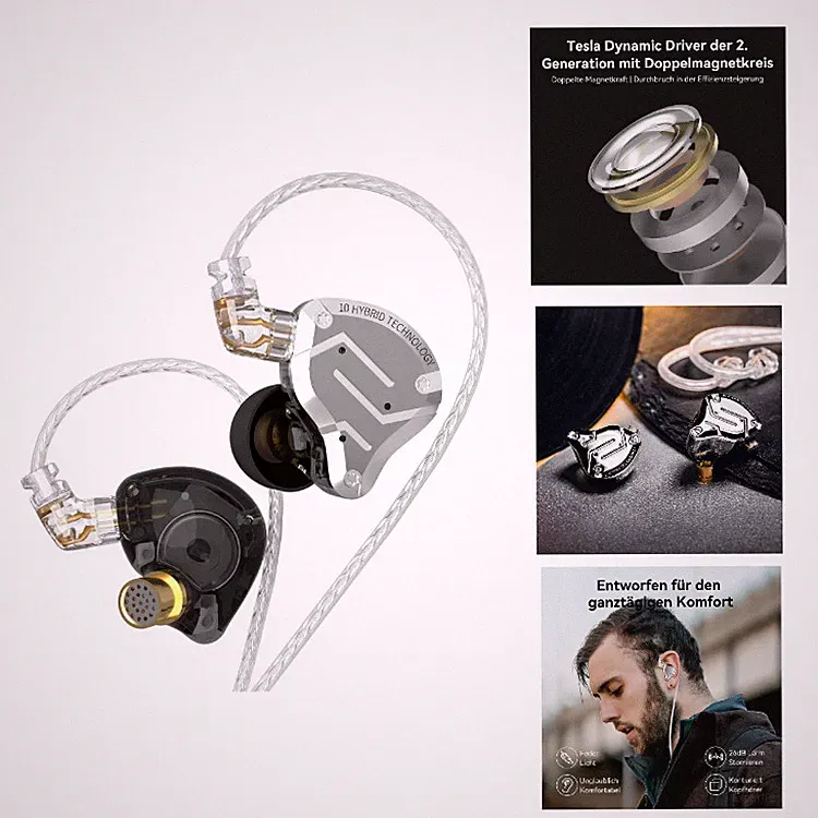 KZ ZS10 Pro In-Ear Monitor Kopfhörer 4BA 1DD mit 3.5mm Kabel, Schwarz, Gaming