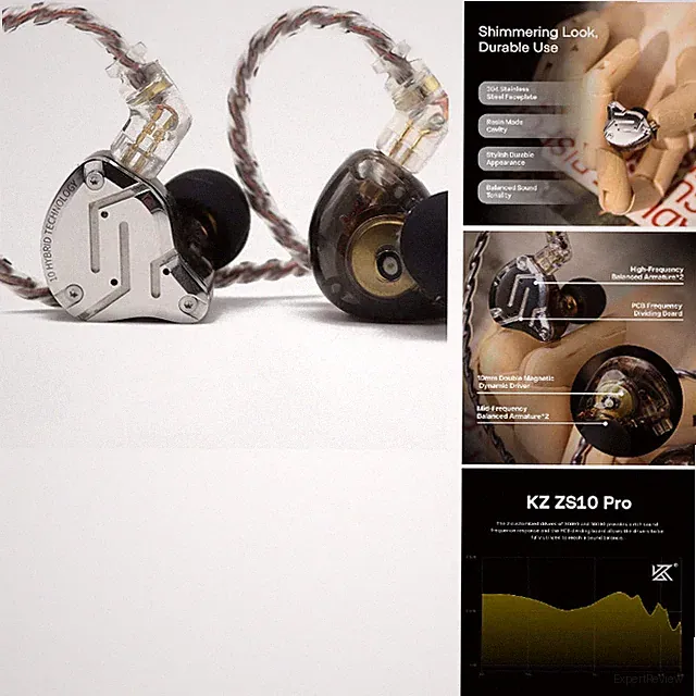 KZ ZS10 Pro In-Ear-Monitor mit 4BA 1DD Treibern, Abnehmbares Kabel, Schwarz