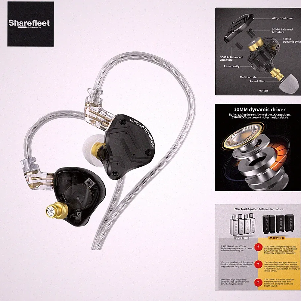 KZ ZS10 PRO X In-Ear-Kopfhörer, ZS10 PRO X Upgraded 4BA + 1DD Hybrid-Treiber,...