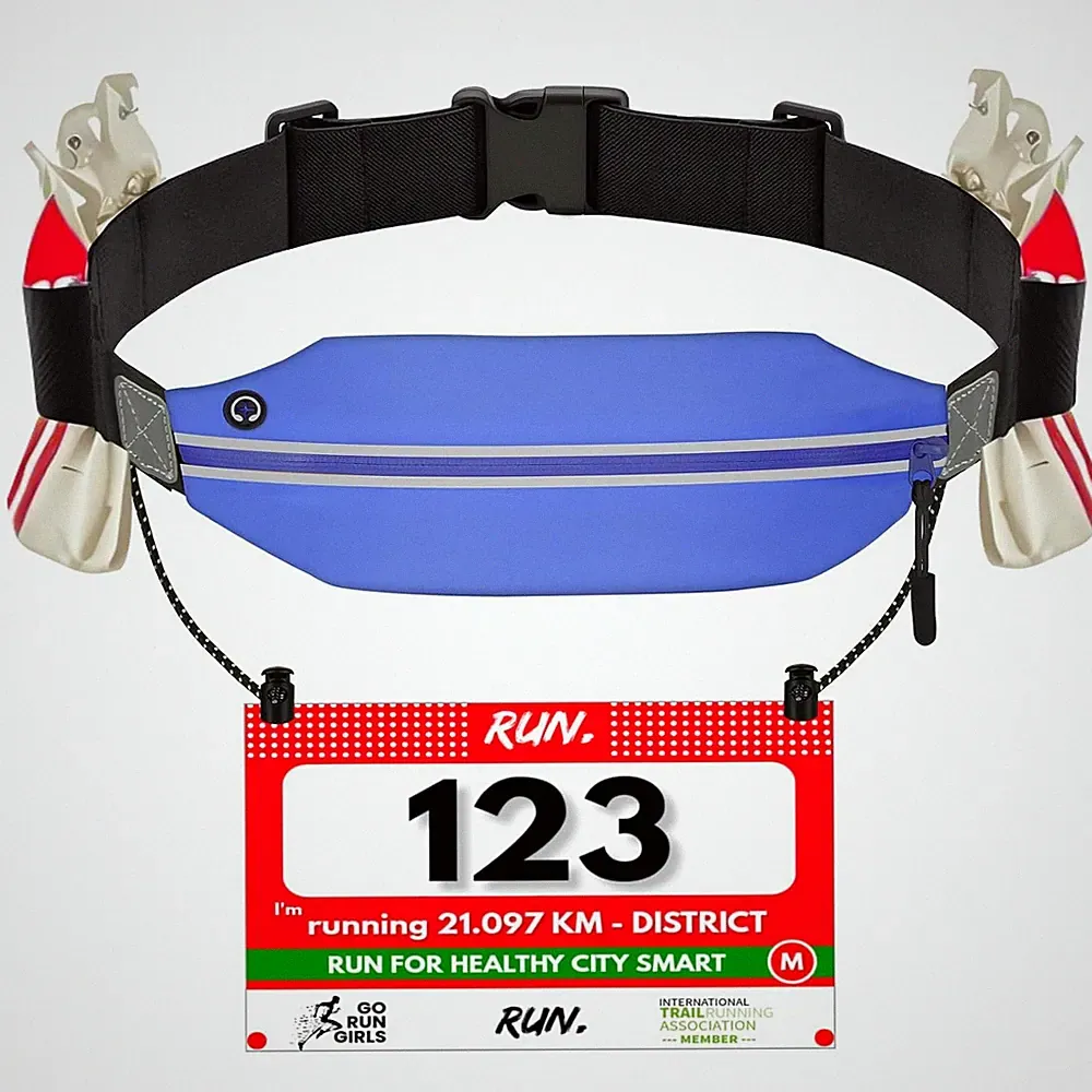 Laufgürtel Blau Handy Startnummernband 6 Gel Halter Kopfhörer Joggen Marathon