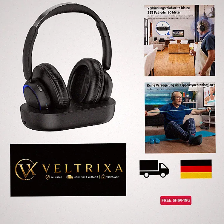 Letsactiv Kabellose TV-Kopfhörer M98, Bluetooth 5.2, Geringe Latenz, Schwarz