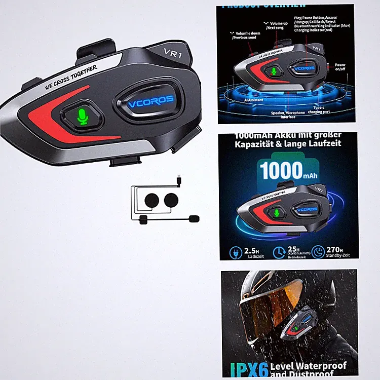 Motorrad Helm Headset Bluetooth Hard Mic Kopfhörer für Helm 25 Std. Akku VCOROS