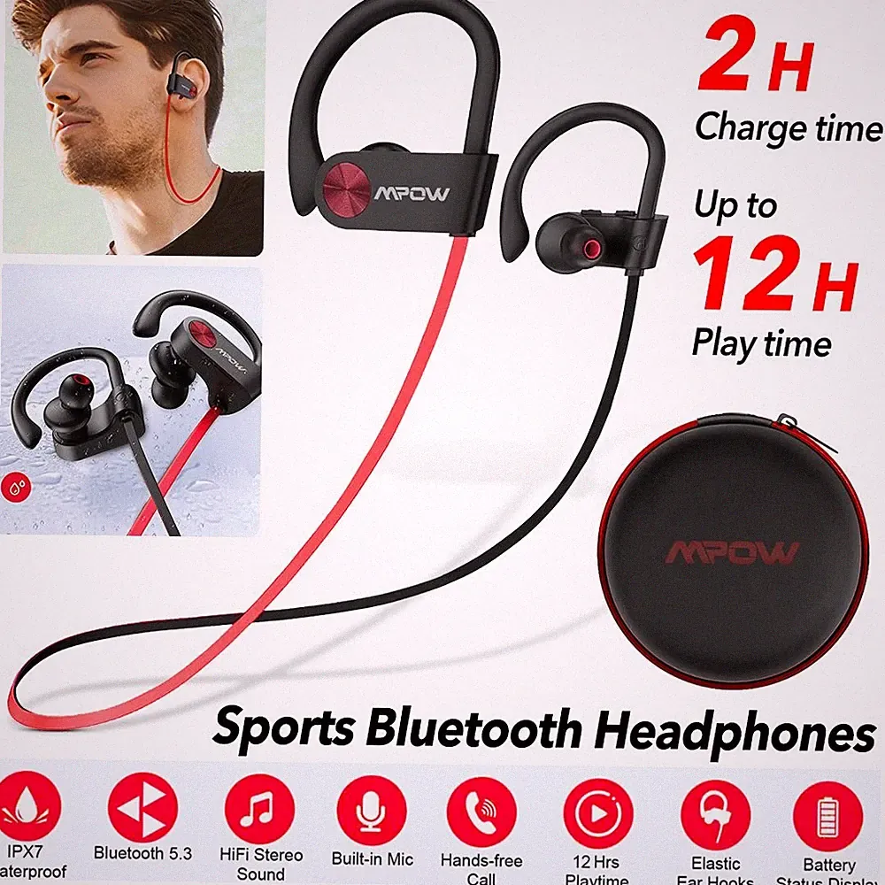 Mpow Bluetooth Kopfhörer Sport, mit Mikrofon, HiFi Stereo In Ear Kopfhörer IPX7