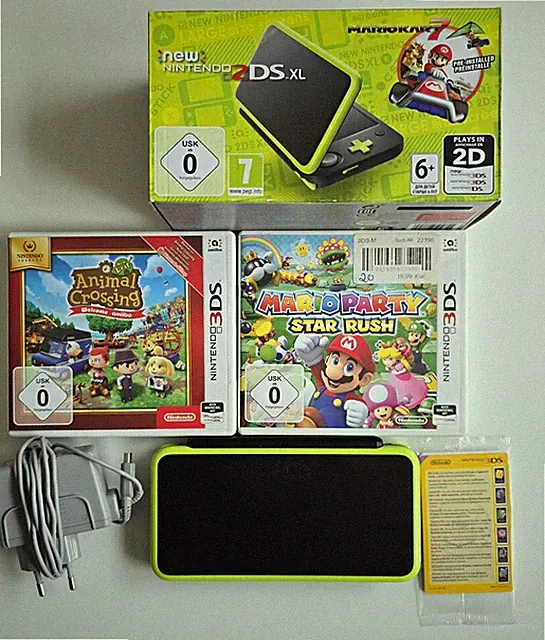 Nintendo New 2DS XL Schwarz/Grün PAL Wi‑Fi mit Mario Kart 7 + Spiele