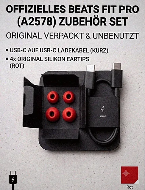​Original Beats Fit Pro Zubehör Set - USB-C Ladekabel & 4x Eartips - ROT