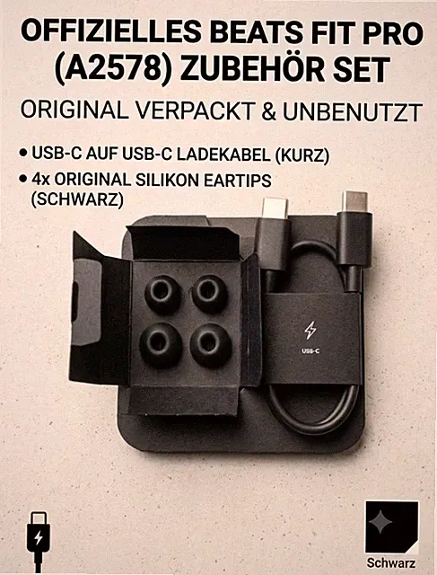 ​Original Beats Fit Pro Zubehör Set - USB-C Ladekabel & 4x Eartips - Schwarz