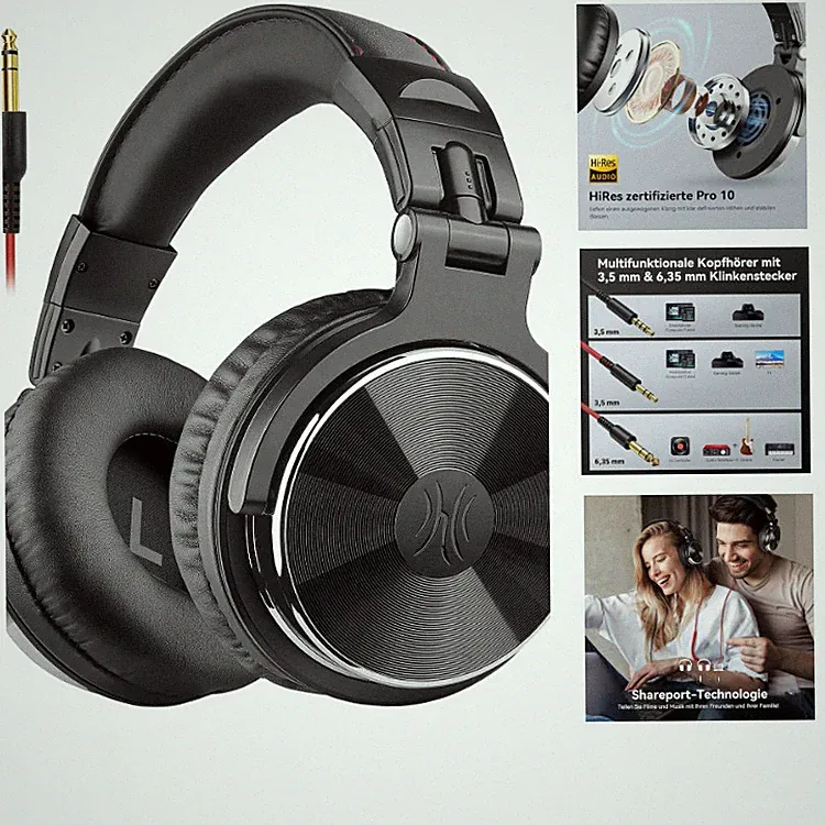 Over Ear Kopfhörer Pro-10 Schwarz mit Kabel, 50mm Treiber, DJ Kopfhörer, 3,5mm