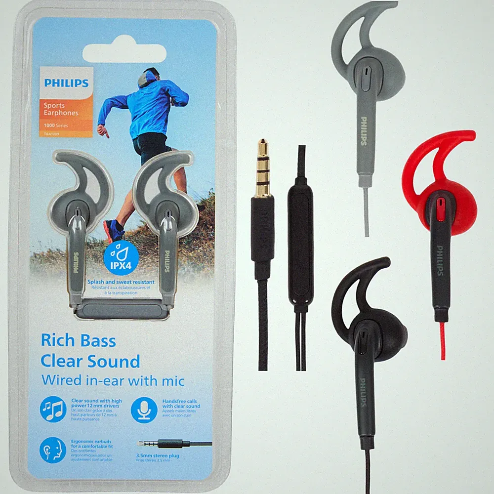 Philips 1000 Series Sport-Kopfhörer In-Ear Headset mit Mikrofon & IPX4, 3,5 mm