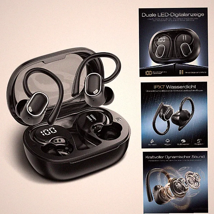POMUIC Bluetooth Kopfhörer Sport, Kabellos mit 50 Std Spielzeit, Schwarz