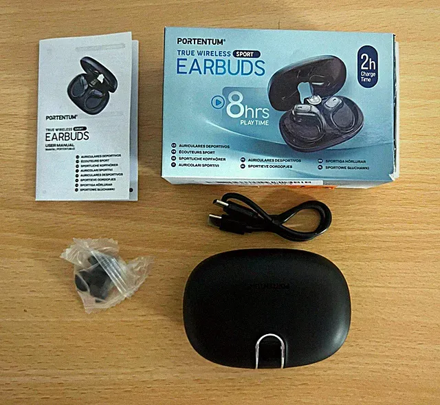 PORTENTUM True Wireless Sport Earbuds In-Ear Bluetooth Schwarz Ladecase