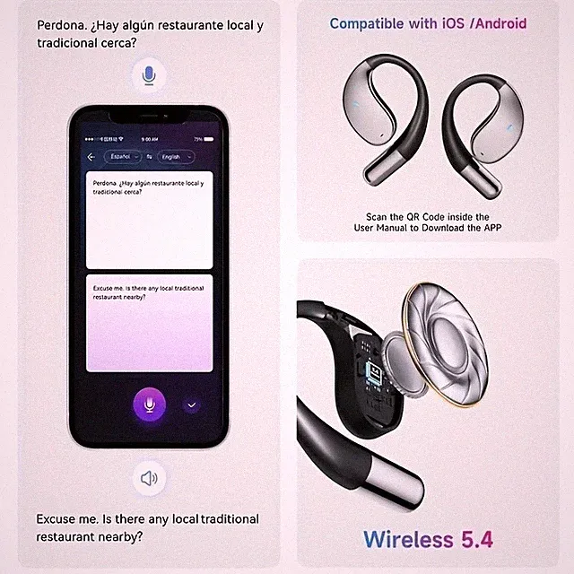 Q39 BT Headset mit KI-Übersetzungsunterstützung für Reisen Fitness und Pendel