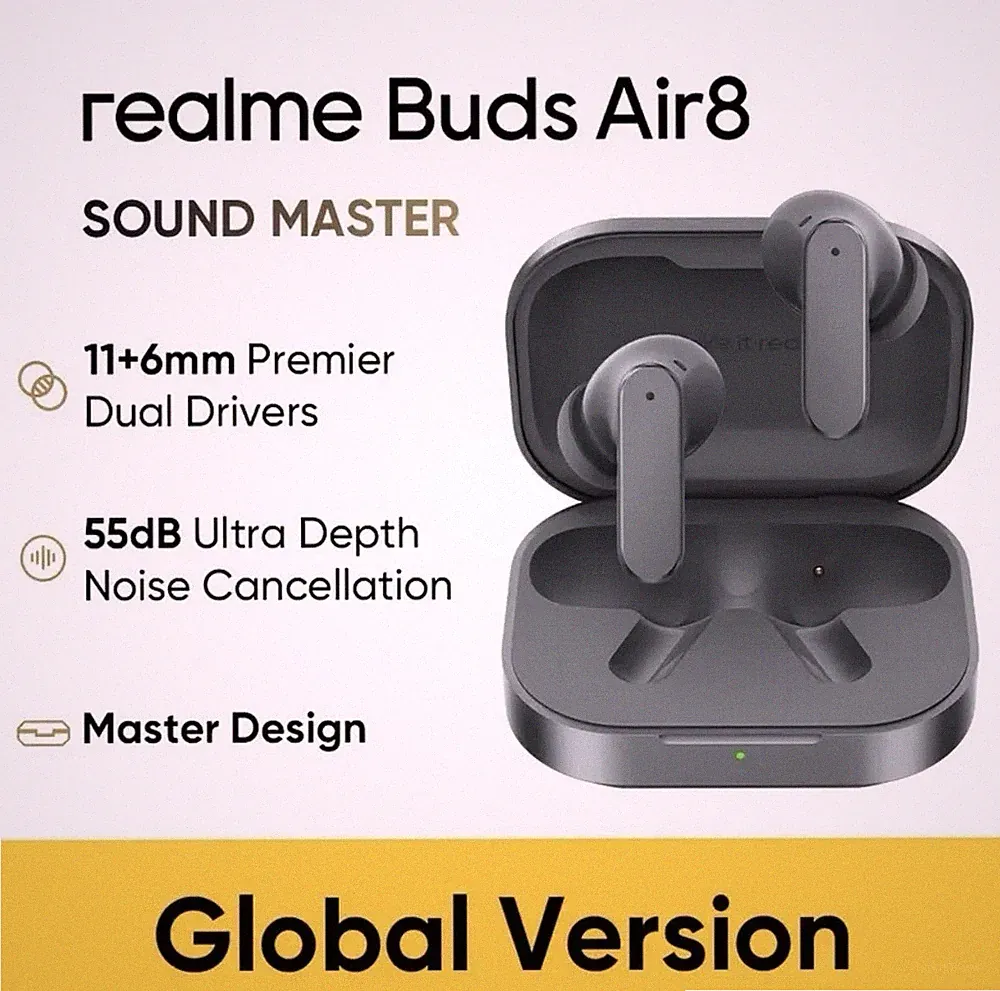 realme Buds Air8 In-Ear-Bluetooth-Kopfhörer mit ANC, Ladecase, Grau