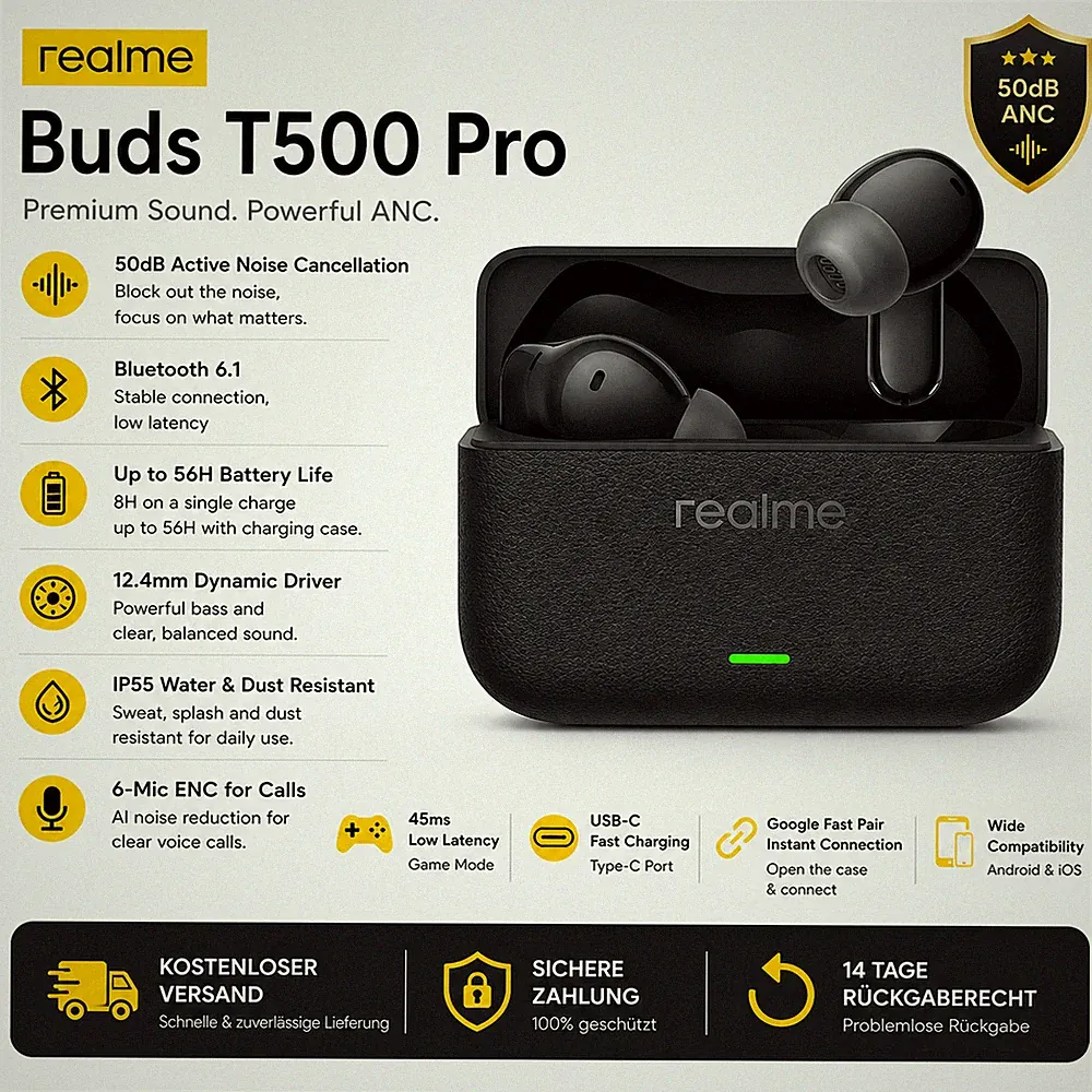 Realme Buds T500 Pro – True-Wireless-In-Ear-Kopfhörer mit bis zu 50 dB ANC