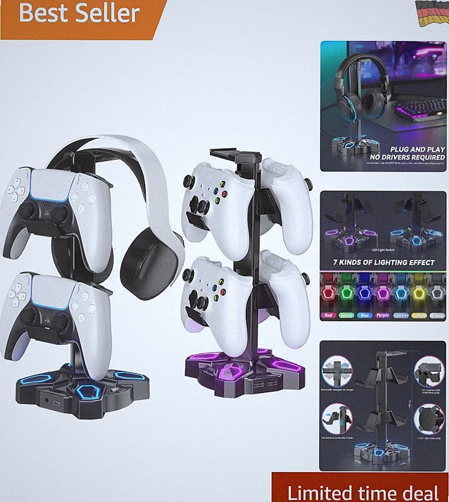 RGB Gaming Headset Halter & Controller Ständer mit 9 Lichtmodi Schwarz