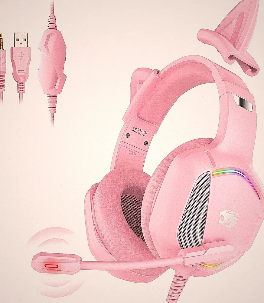 Rosa Gaming Headset mit Katzenohren, 50mm Treiber, Verwicklungsfreies Kabel