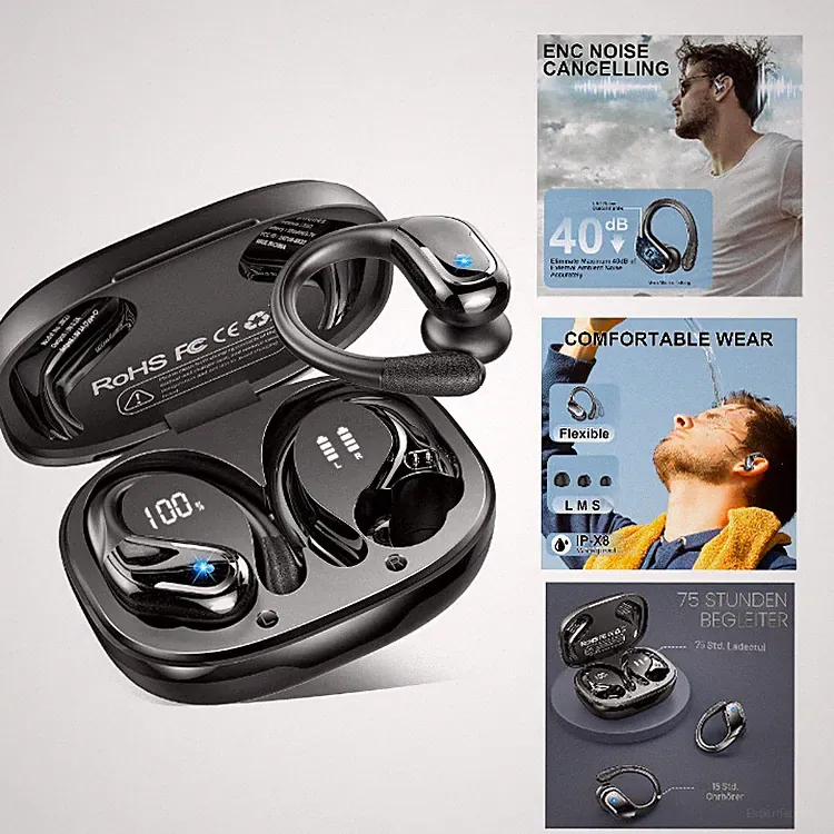 Rulefiss Bluetooth Kopfhörer BX27 Sport, Kabellos 75 Std, Schwarze In-Ear