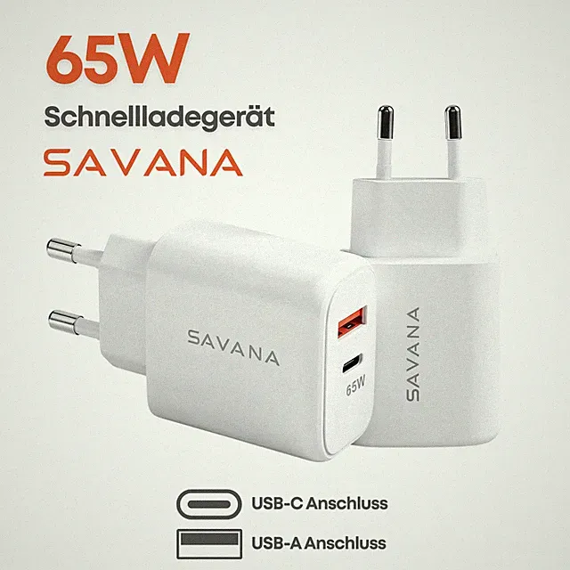 SAVANA 65W Dual USB-A/C Schnellladegerät Netzteil PD Fast Charger Plug Adapter