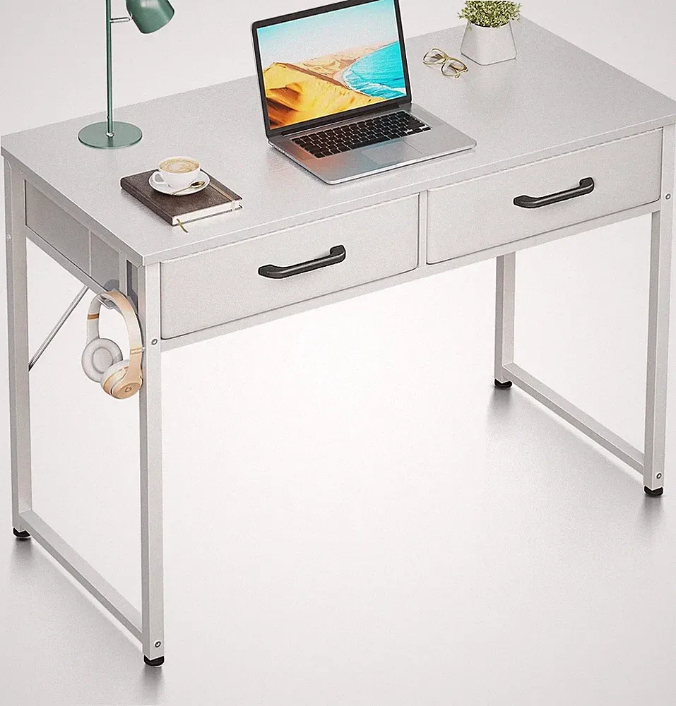 Schreibtisch 100x40 cm, 2 Stoffschubladen, Kopfhörerhalter, Weiß | Bürotisch