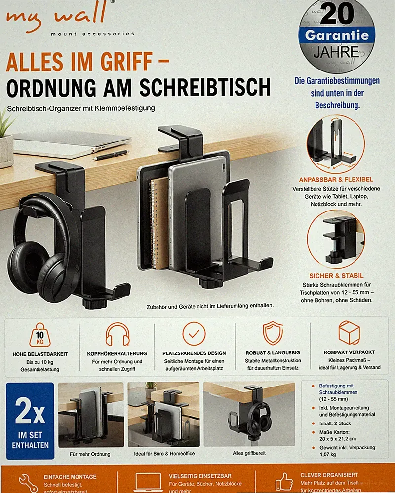 Schreibtisch Organizer Klemmhalter Laptop Tablet Kopfhörer Halter my wall 2er