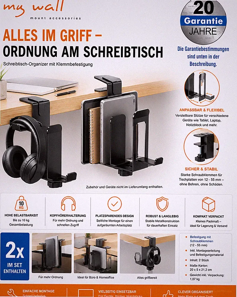 Schreibtisch Organizer Klemmhalter Laptop Tablet Kopfhörer Halter my wall 2er