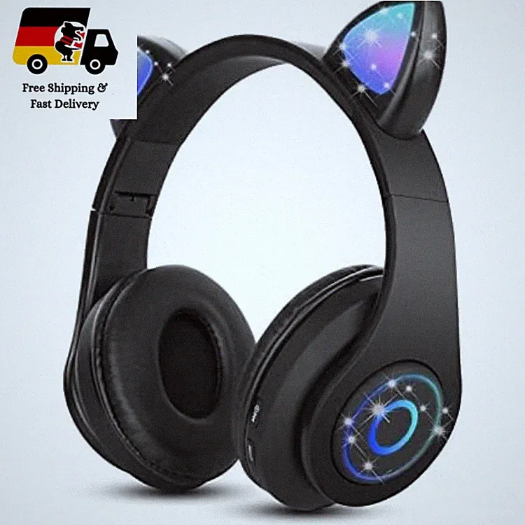 Sendowtek Kinderkopfhörer Bluetooth mit LED Katzenohren, Schwarz, 3,5-mm