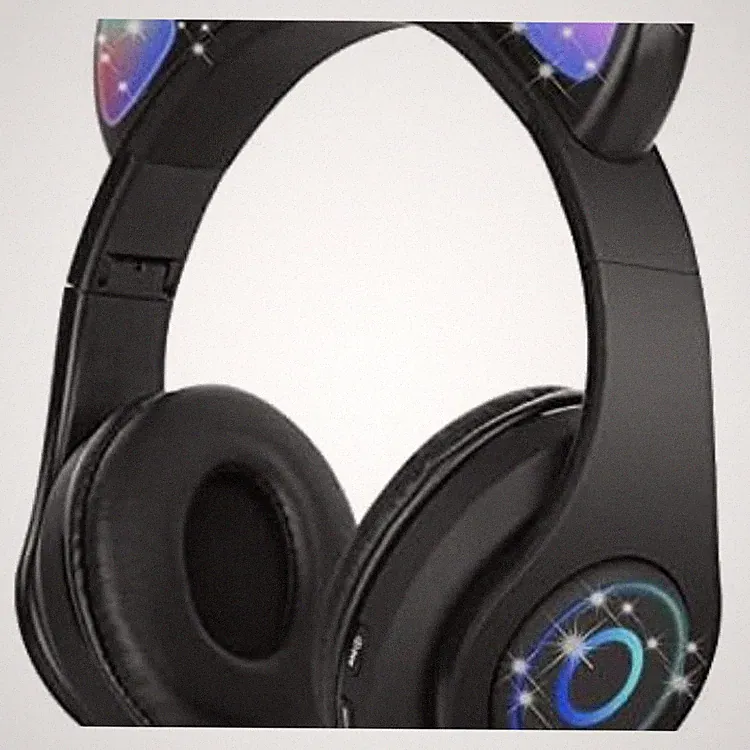Sendowtek Kinderkopfhörer Bluetooth mit LED Katzenohren, Schwarz, 400mAh Akku