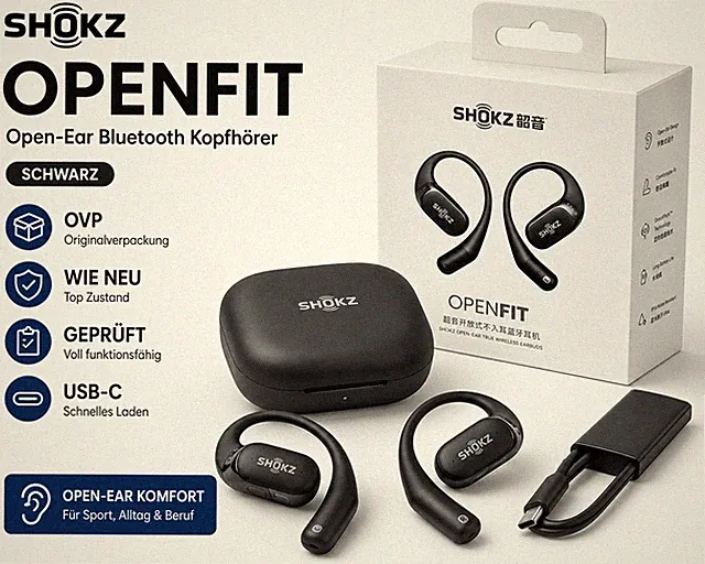 SHOKZ OpenFit Open-Ear Bluetooth Kopfhörer Schwarz OVP Wie Neu Geprüft