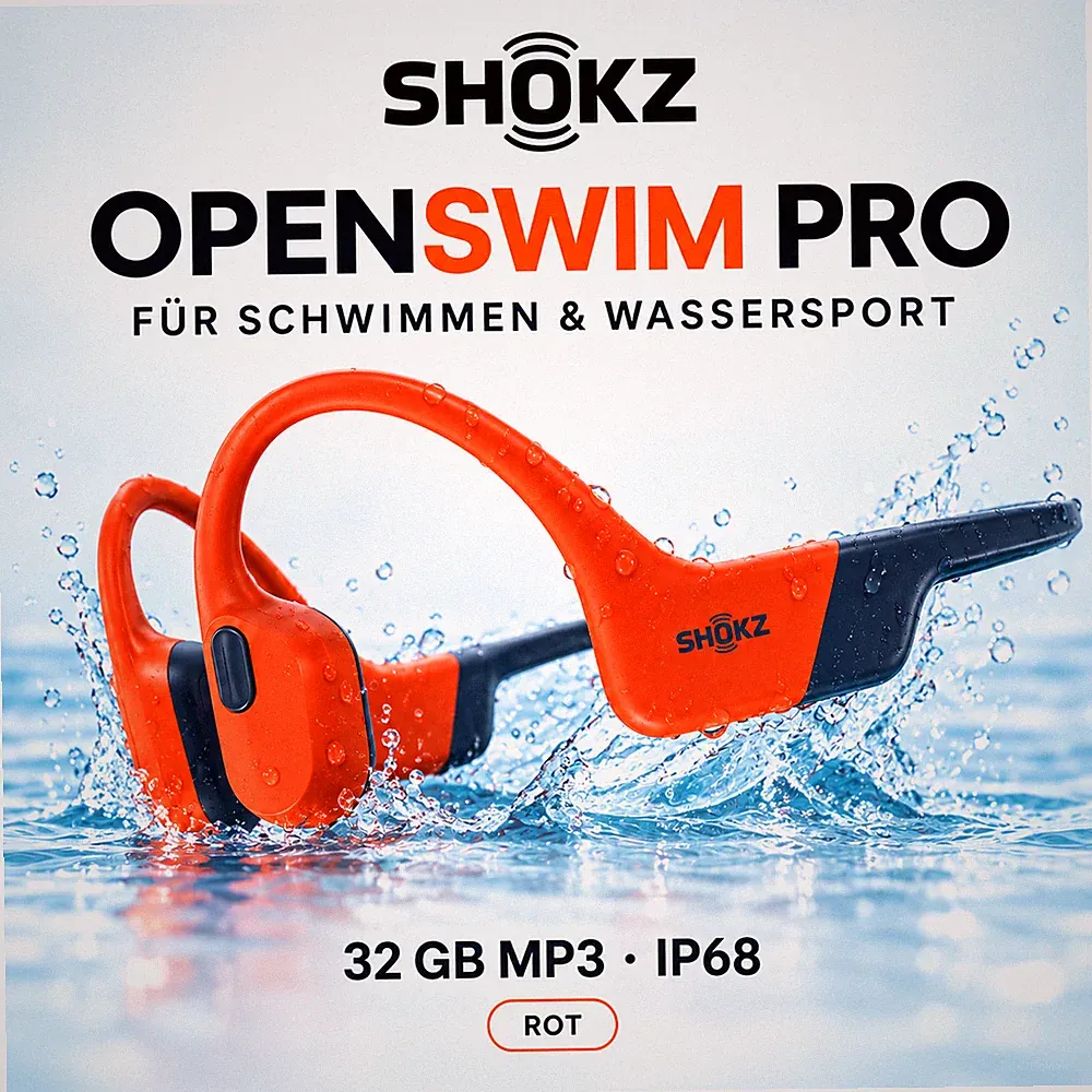 SHOKZ OpenSwim Pro Rot 32GB MP3 Bluetooth IP68 Knochenschall Schwimmkopfhörer