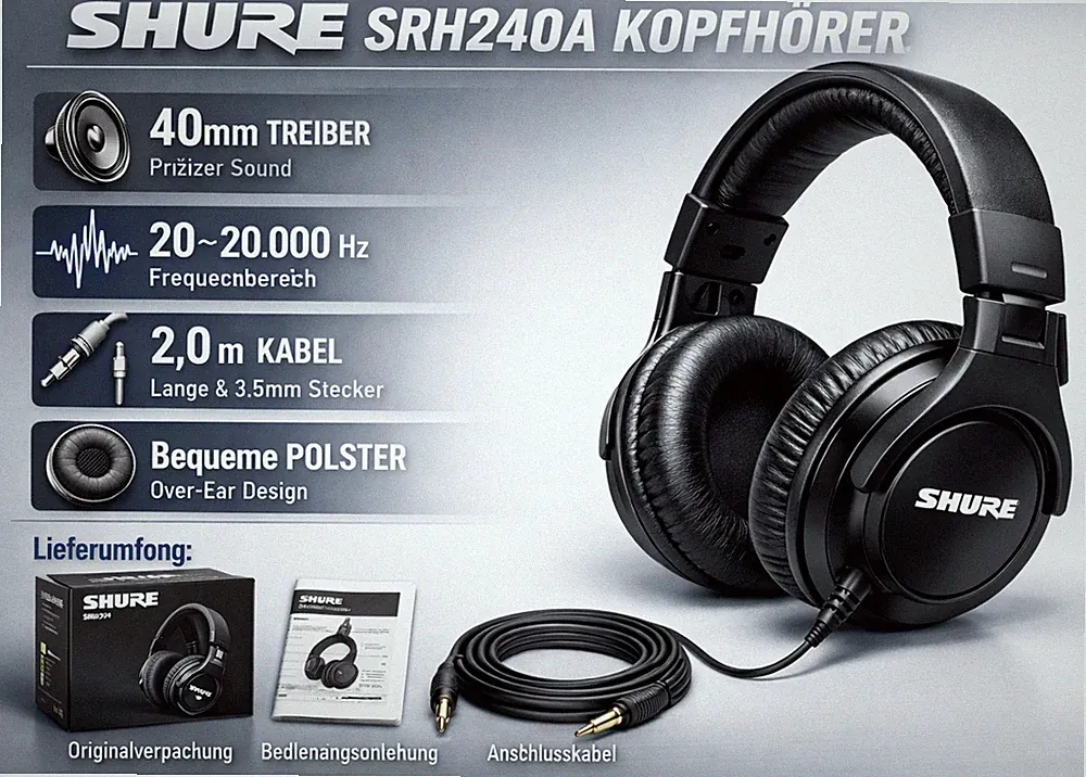 Shure SRH240A-EFS Kopfhörer Kabelgebunden Over Ear Headset Audio Schwarz OVP