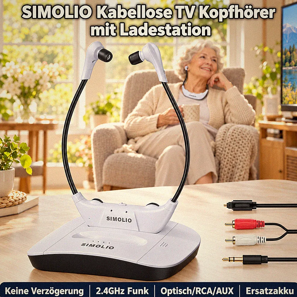 SIMOLIO Funk TV-Kopfhörer für Senioren mit Ladedock, Optisch RCA AUX, 2.4GHz