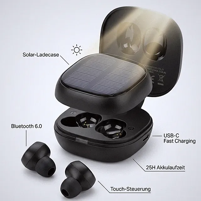 Solar Bluetooth 6.0 TWS In-Ear Kopfhörer Kabellos Ohrhörer USB-C Ladecase