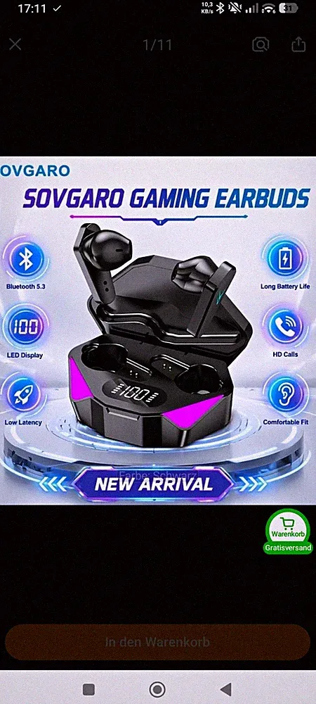 SOVGARO X15 True Wireless In-Ear Gaming Kopfhörer BT 5.3 LED Mic Schwarz