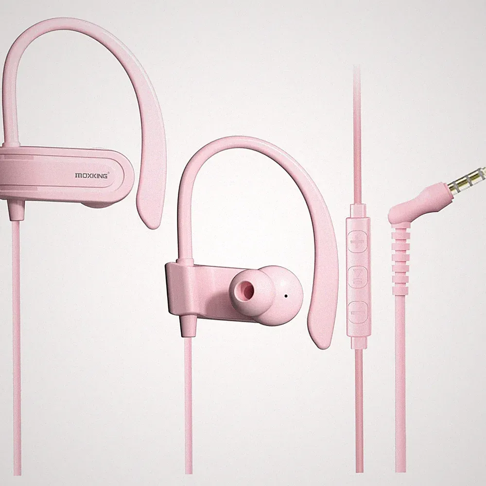 Sport-Kopfhörer kabelgebunden In-Ear Ohrbügel Mikrofon Lautstärkeregler pink
