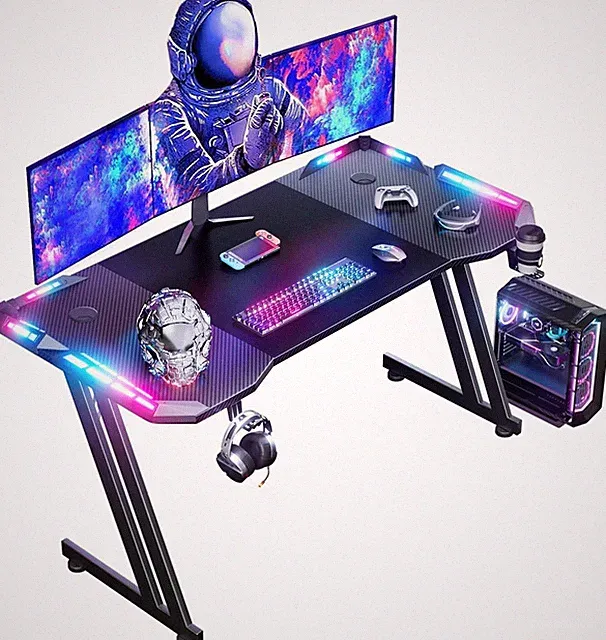 Stabiler Computertisch für Gaming, 120 x 60 cm, Kohlefaser-Oberfläche, Schwarz