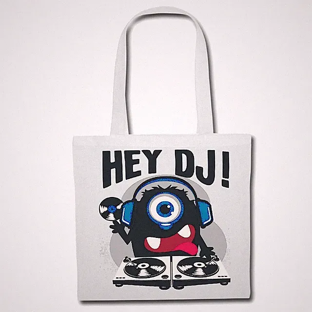 Tasche Beutel Baumwolltasche HEY DJ MONSTER ALS DJ MIT KOPFHÖRER & SCHALLPLATTE