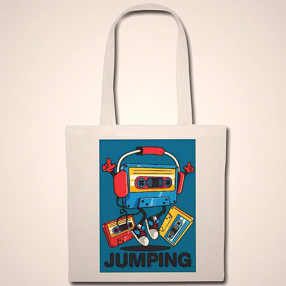 Tasche Beutel Baumwolltasche JUMPING MUSIKKASSETTE KASSETTENREKORDER KOPFHÖRER