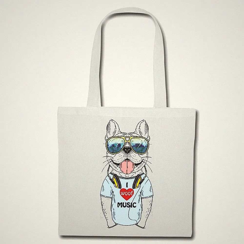 Tasche Beutel Baumwolltasche LUSTIGER MOPS MIT KOPFHÖRER UND SONNENBRILLE HUNDEZ