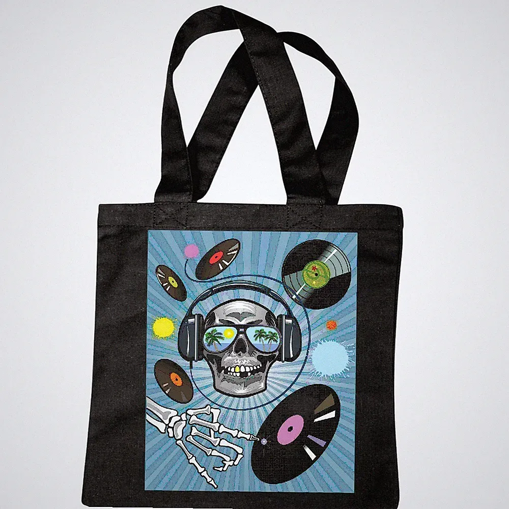 Tasche Beutel Baumwolltasche SKULL KOPFHÖRER VINYL SCHALLPLATTE LANGSPIELPLATTE