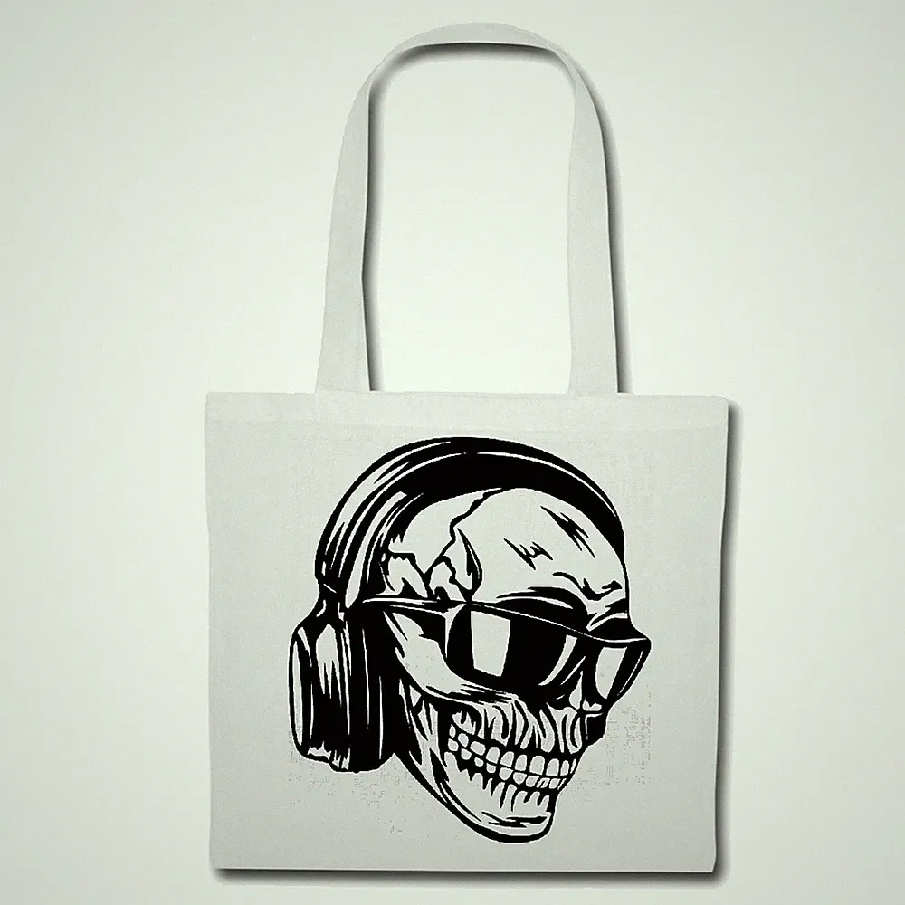 Tasche Beutel Baumwolltasche SKULL MIT KOPFHÖRER UND SONNENBRILLE TECHNO JAZZ Ba