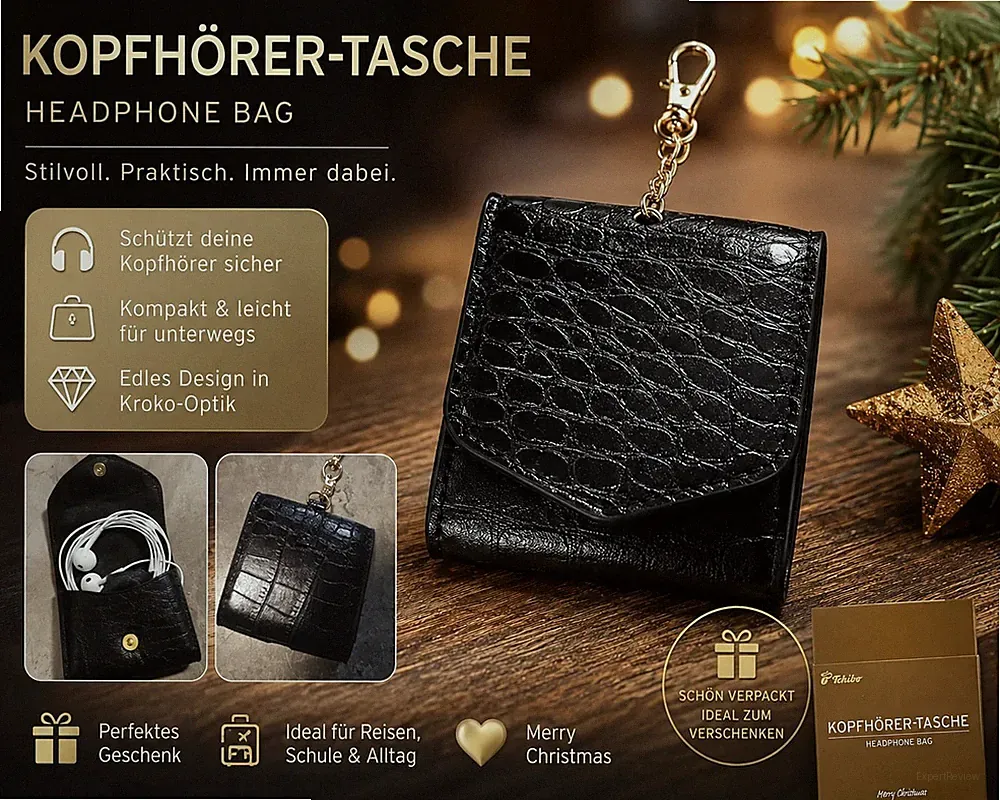 Tchibo Kopfhörer-Tasche Schwarz Kroko-Optik mit Karabiner – Geschenkbox NEU OVP