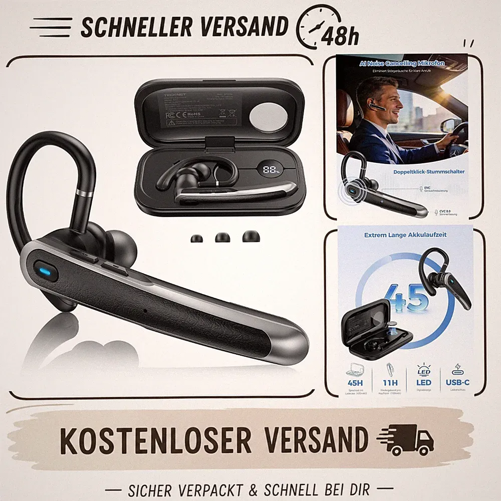 TECKNET Bluetooth 5.4 Headset mit Mikrofon ENC Noise Cancelling In-Ear 56 Std