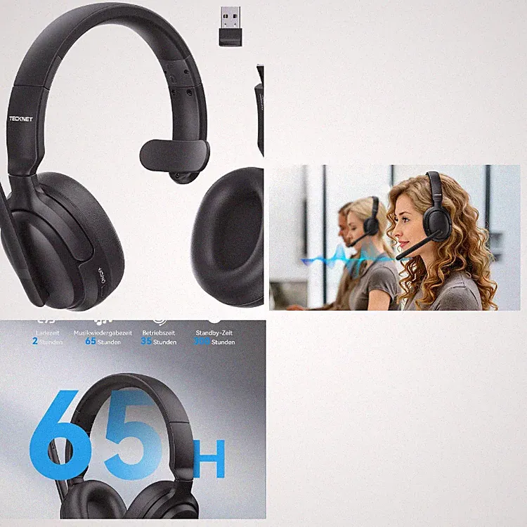 TECKNET Bluetooth Headset 65 Std Akku Dual Verbindung Over-Ear