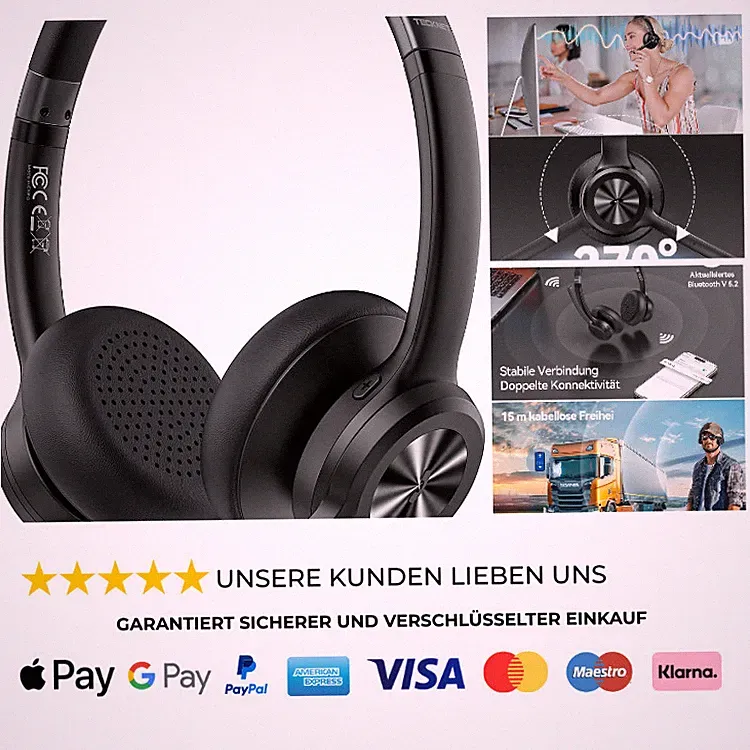TECKNET Bluetooth Headset Mikrofon Noise Cancelling 50 Std Akku