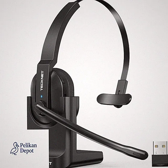 TECKNET Bluetooth Headset mit Mikrofon, Wireless Headset mit Ladestation, ENC