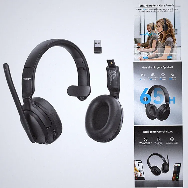 TeckNet Bluetooth Headset TK-HS023 Over-Ear mit Mikrofon, 65 Std Akku, kabellos