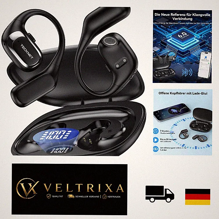 TECKNET Open Ear Bluetooth Kopfhörer 6.0 Schwarz, 38 Std. Akku, , 14,2 mm