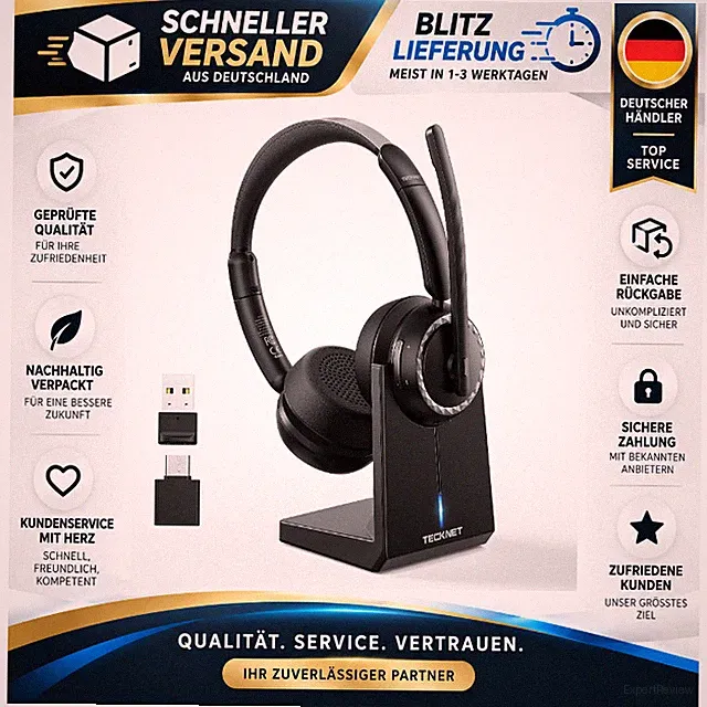 TECKNET TK-HS016 Bluetooth Headset mit Mikrofon, Geräuschunterdrückung, 55 Std.