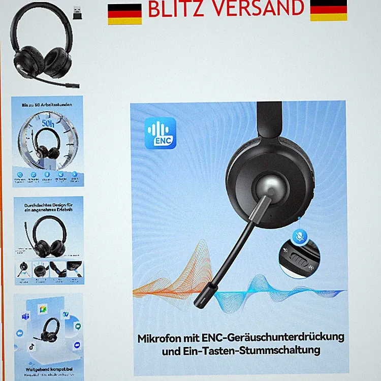 TECKNET TK-HS033 Bluetooth Headset mit Mikrofon, Aktive Geräuschunterdrückung
